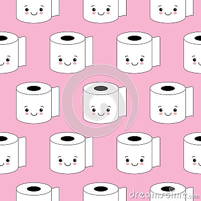 Vector illustration, toilet paper seamless pattern. Happy smiles, cartoon style, background. Kawaii style Vector Illustration