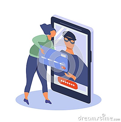 Vector illustration on the topic of online fraud. on the smartphone screen - a fraudster. he tries to take the woman`s bank card. Vector Illustration