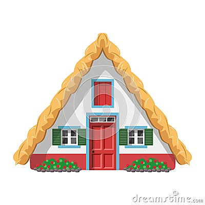 Vector illustration of a traditional Madeira thatched roof house in cartoon style isolated on white background. Vector Illustration