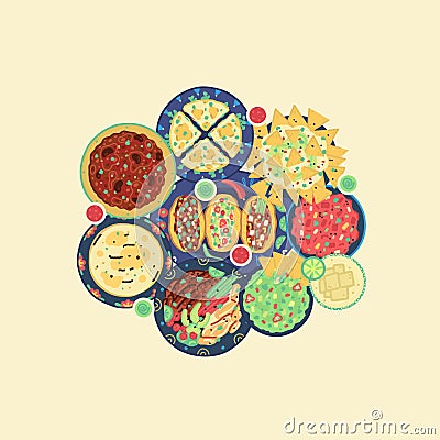 Vector illustration of traditional mexican food. Mexican cuisine. Tacos, tortilla, quesadilla, fajitas, nachos Vector Illustration