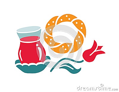 Vector illustration of traditional middle eastern tea glass, sesame bagel Simit, tulip flowers. Vector Illustration