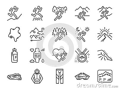 Trail running line icon set. Included icons as runner, sport, healthy, mountain course, marathon and more. Vector Illustration