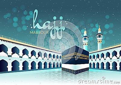 Vector illustration. Translation Arabic: Muslim holiday hajj pilgrimage. Islamic pilgrimage to Mecca, Saudi Arabia. Vector Illustration