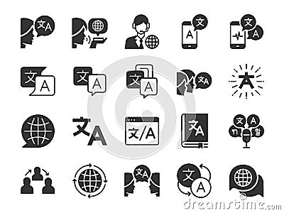Translation line icon set. Included the icons as translate, translator, language, bilingual, dictionary, communication, bi-racial Vector Illustration