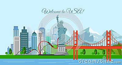 Vector illustration of travel concept, Welcome to USA. United States of America poster with most famous buildings. Vector Illustration
