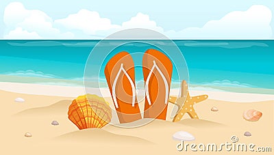 Vector illustration of a travel postcard, flyer, beach, sea, shells and composition of footwear Cartoon Illustration