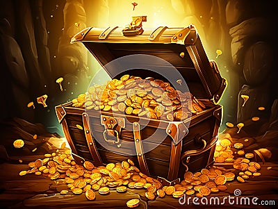 vector illustration of treasure chest full of gold Cartoon Illustration