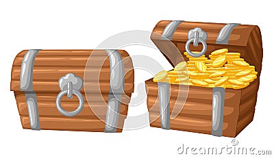 Vector illustration. treasure of gold coins on dark background Wooden Chest set for game interface money coin Cartoon Illustration