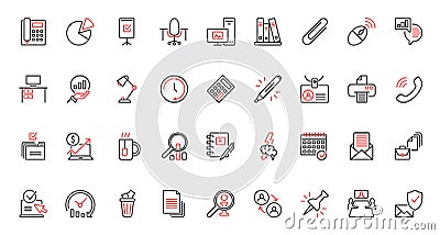 Office communication and documents trendy red black thin line icons set, working team analysis symbols Vector Illustration