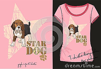 Vector illustration of trendy sketch women`s short sleeve shirt with stylish print with inscription, little fashion dog. Vector Illustration