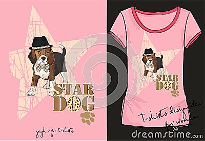 Vector illustration of trendy sketch women`s short sleeve shirt with stylish print with inscription, little fashion dog. Vector Illustration