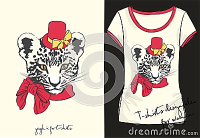 Vector illustration of trendy sketch women`s short sleeve shirt with stylish print with inscription, little fashion tiger. Vector Illustration