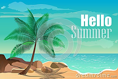 Vector illustration with tropical beach. Hello summer. Vector Illustration