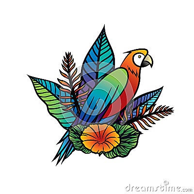 Vector illustration of a tropical bird, tropical flowers and Leaves. Cartoon Illustration