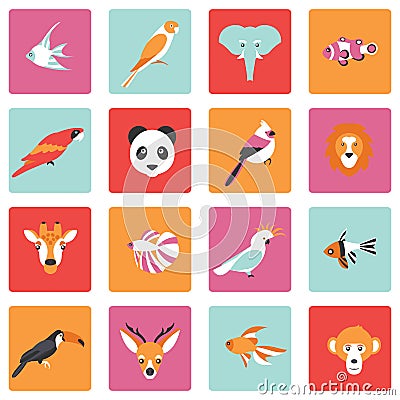 Vector illustration of tropical birds animals and fishes icon Vector Illustration