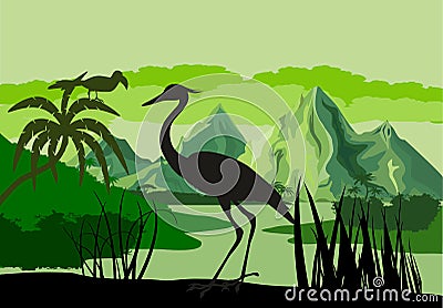 Vector illustration of tropical lake with mountains, trees and ibis in jungle rainforest wetland Vector Illustration