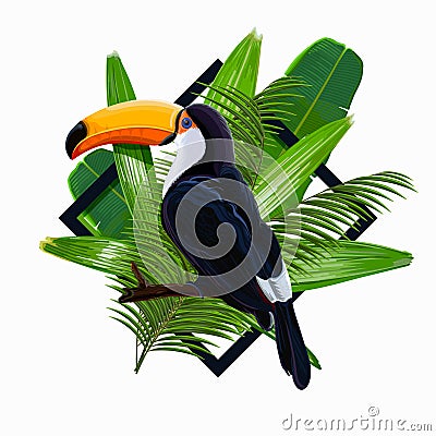 Vector illustration with tropical leaves and bird toucan on a branch Vector Illustration