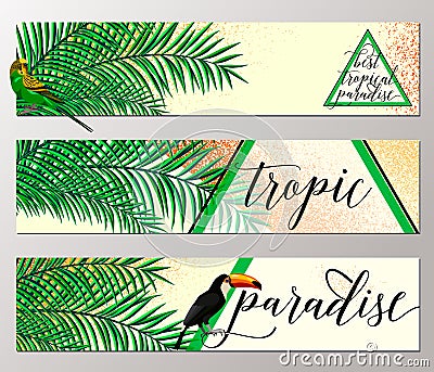 Vector illustration of tropical paradise banner collection with parrot, toucan, palm leaf, grunge effect, summer Vector Illustration