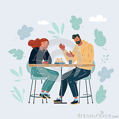 Vector illustration of Troubled woman and man comforted by her friend. Yong couple in trouble. Human characters isolated Vector Illustration
