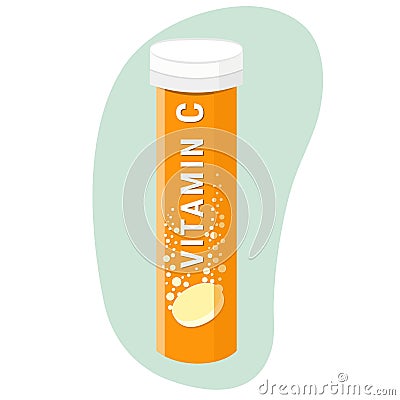 Vector illustration of a tube shape bottle with fizzy vitamin C pills with label. Dietary supplement healthy balanced diet Vector Illustration