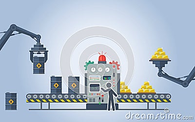 Vector illustration. Turning oil barrels into gold bars. Vector Illustration