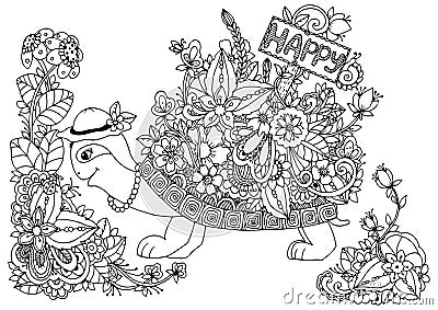 Vector illustration , turtle with a pointer to Happy floral frame. Doodle drawing. Coloring book anti stress for adults Vector Illustration