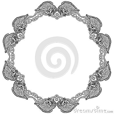 Vector illustration of twelve ravens Celtic knot frame black and white Cartoon Illustration