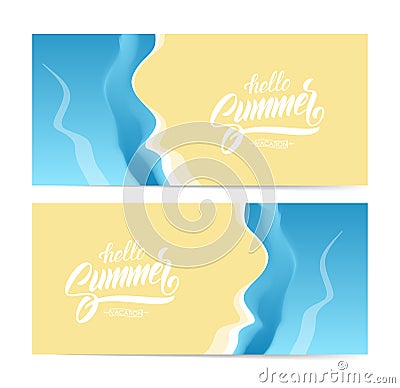 Vector illustration: Two Abstract wavy banners of beach with hand lettering of Summer on sand background Cartoon Illustration