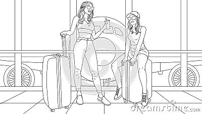 Vector illustration, two beautiful girls are traveling, waiting for a flight at the airport, having fun Vector Illustration