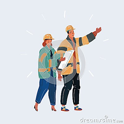 Vector illustration of two builders in helmet. Man and woman engeneer with plan talking about job on white background. Vector Illustration