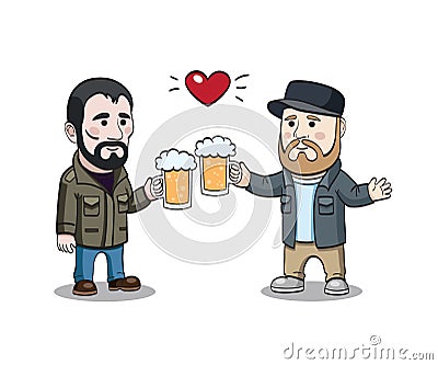 Vector illustration of two cartoony bearded male characters with beer mugs. Vector Illustration