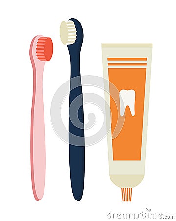 Vector illustration of two colored toothbrushes in blue and pink color and toothpaste. Vector Illustration