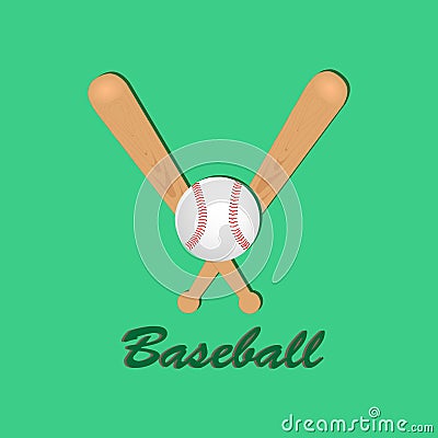 Vector illustration of two crossed baseball bats with ball on green background and text Cartoon Illustration