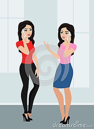 Vector illustration of two cute cartoon girls using a cell phone. Women are talking by mobile phone in flat style. Vector Illustration