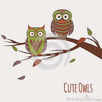 Vector illustration of two cute colorful owls sitting Vector Illustration