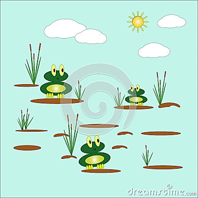 Vector illustration with two cute funny frogs sitting on tussocks in a pond, among reeds against the background of the sky and the Cartoon Illustration