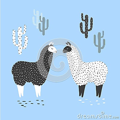 Vector illustration of two cute llamas and cactus Vector Illustration