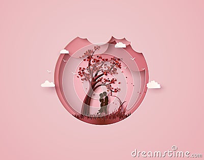 Two enamored under a love tree Vector Illustration