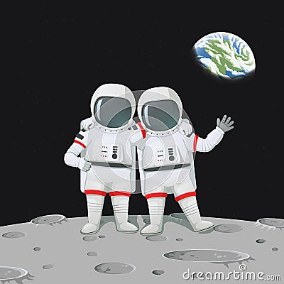 Two astronauts with hands on shoulders standing on the moon surface. Vector Illustration