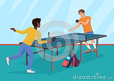 The vector illustration of two friends playing the table tennis. Vector Illustration