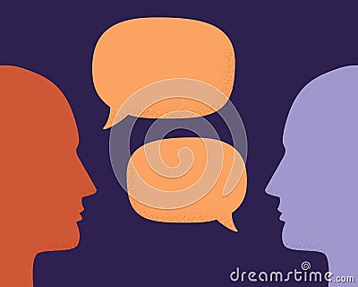 Vector illustration of two human heads silhouette talking through speech bubbles. Concept of communication, dialogue, chat, Vector Illustration
