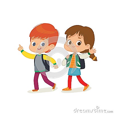 Vector illustration of two kids with the backpacks are going to school. Preschool friends boy and girl are walk to Vector Illustration