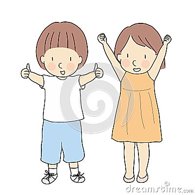 Vector illustration of two kids, boy with thumbs up and girl with raised arms & fits celebrating success. Sign and gesturing Cartoon Illustration