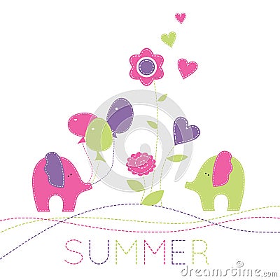 Vector illustration with two little elephants, baloons and flowe Vector Illustration
