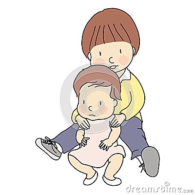 Vector illustration of two little innocent brother and sister sitting together on floor. Family, siblings, brotherhood, friendship Cartoon Illustration