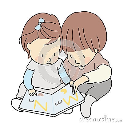 Vector illustration of two little kids, brother and sister, sitting & reading abc alphabet book together. Childhood development Cartoon Illustration