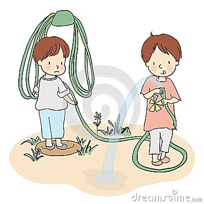 Vector illustration of two little kids playing with water hose in yard Vector Illustration