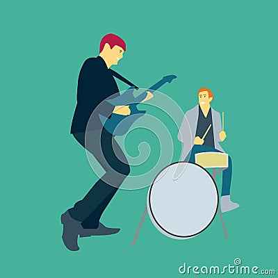 Vector illustration of two men playing music with guitars and drums Vector Illustration