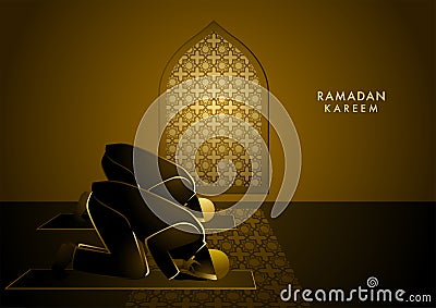 Two men praying in the mosque under window reflection Vector Illustration