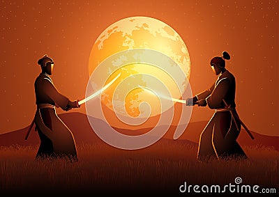 Two Samurai in duel stance facing each other on grass field Vector Illustration